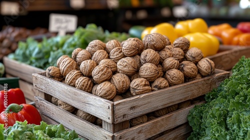 Walnuts displayed at a market.