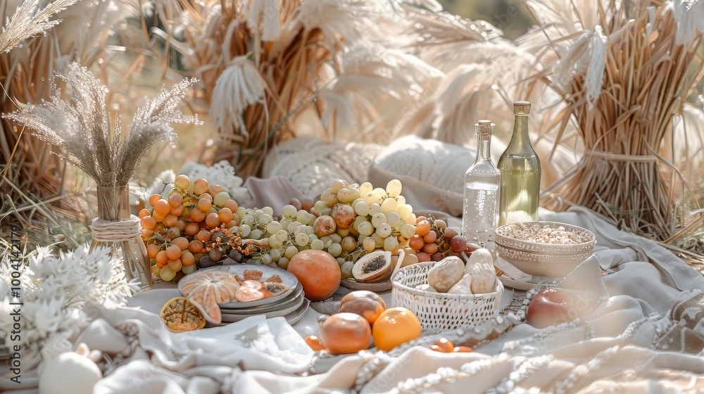 A bohemian harvest picnic spread on a blanket, with pampas grass A bohemian harvest picnic spread on a blanket, with pampas grass