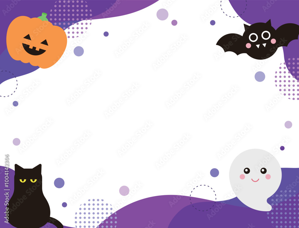 Cute style autumn season Halloween day concept event banner and poster design template. There are pumpkin, ghost, bat and cat characters on a purple background with a geometric and abstract pattern. Cute style autumn season Halloween day concept event banner and poster design template. There are pumpkin, ghost, bat and cat characters on a purple background with a geometric and abstract pattern.