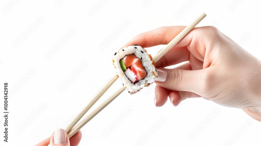Female hand with tasty sushi roll and chopsticks Female hand with tasty sushi roll and chopsticks