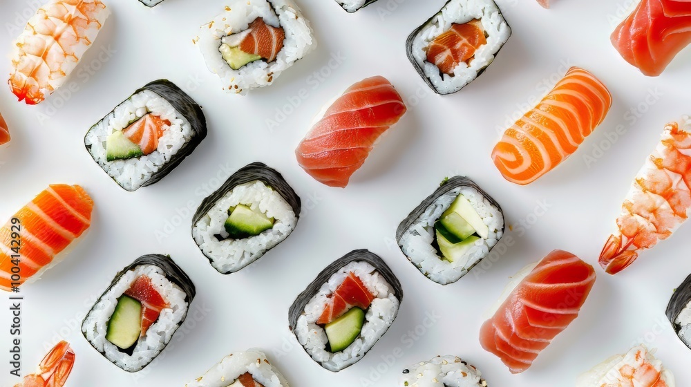 Sushi variety pattern on colorful background Sushi variety pattern on colorful background