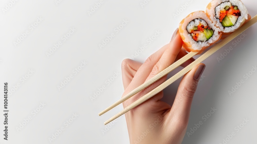 Female hand with tasty sushi roll and chopsticks Female hand with tasty sushi roll and chopsticks