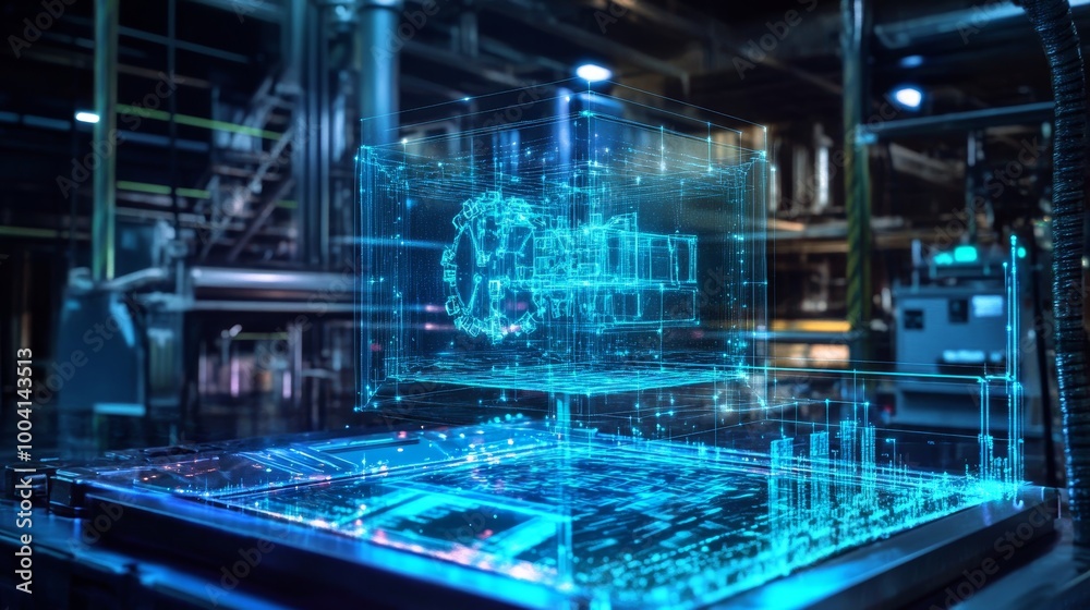 Futuristic Hologram of Machinery in Industrial Setting. Futuristic Hologram of Machinery in Industrial Setting.
