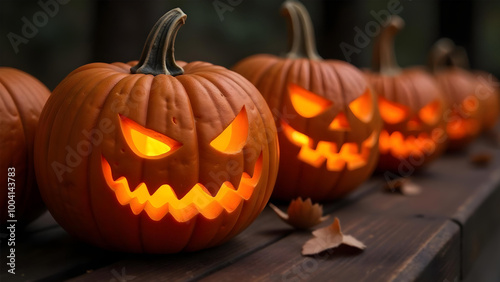 Wallpaper Mural 4K picture with carved angry pumpkins on wooden surface for Halloween celebration.
 Torontodigital.ca
