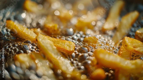 Close up of frying french fries in the fryer in hot oil