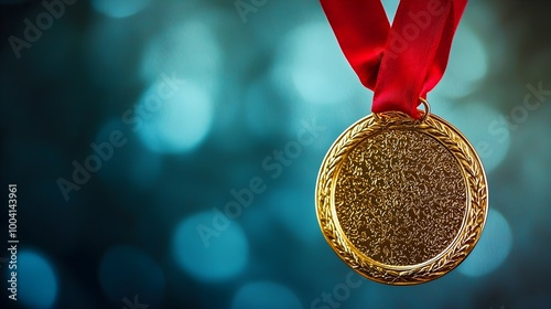 Gleaming Gold Medal Hanging on Vibrant Red Ribbon,Signifying Triumph and Esteem