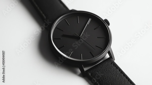 A black wristwatch with a black leather band on a white background.