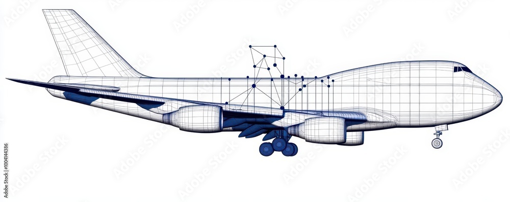 Wireframe of a cargo plane, with detailed lines showing the cargo hold, and a logistics network connecting global hubs Wireframe of a cargo plane, with detailed lines showing the cargo hold, and a logistics network connecting global hubs