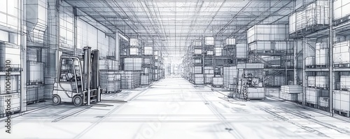 Wireframe design of automated cargo handling equipment, showing forklifts and robots managing cargo in a futuristic warehouse