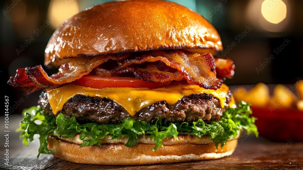 Close-up of a juicy cheeseburger with melted cheddar, crispy bacon, lettuce, and tomato on a toasted bun Close-up of a juicy cheeseburger with melted cheddar, crispy bacon, lettuce, and tomato on a toasted bun