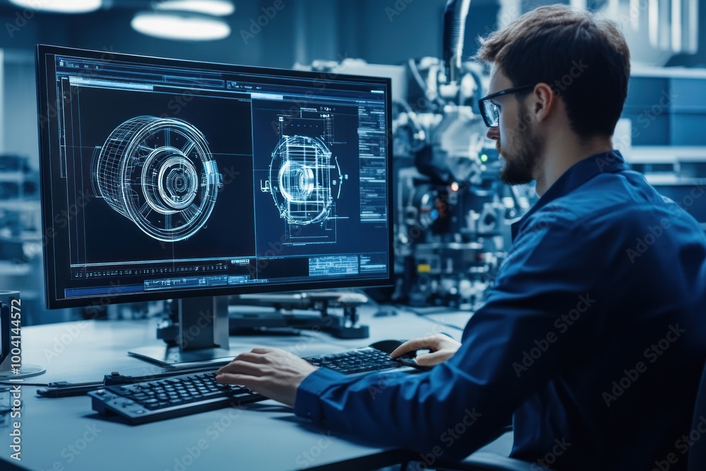 Technician developing complex mechanical model on screen. Technician developing complex mechanical model on screen.