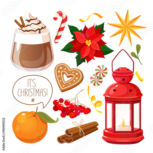 Vector holiday elements collection for Christmas celebration includes shining lantern, citrus, cocoa cup, poinsettia flower, ginger cookies, lollipops etc.
