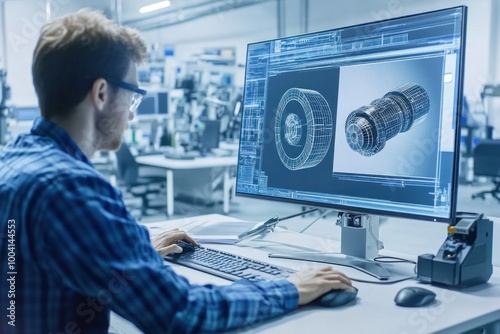 Engineer working on technical 3D designs in workspace.