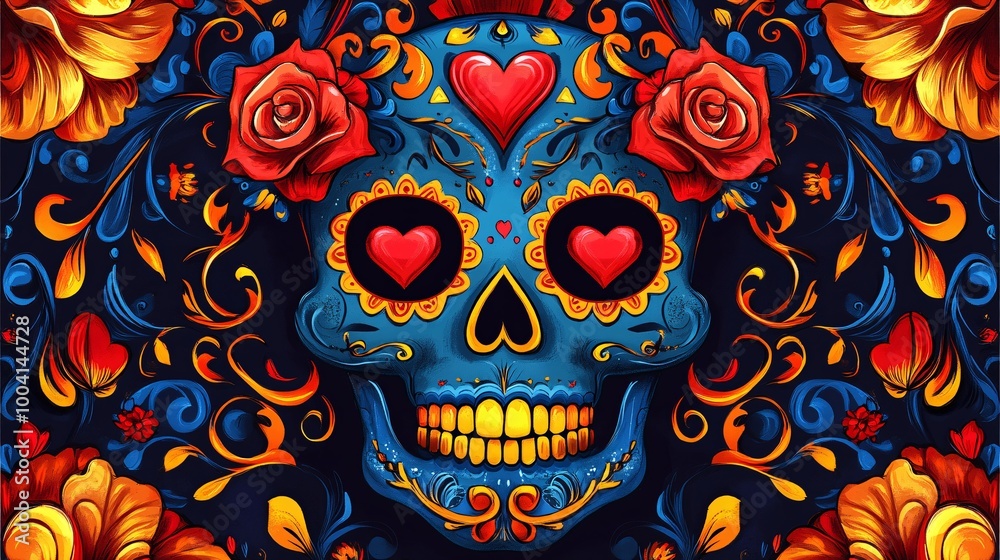 Naklejka premium Colorful sugar skull with floral motifs