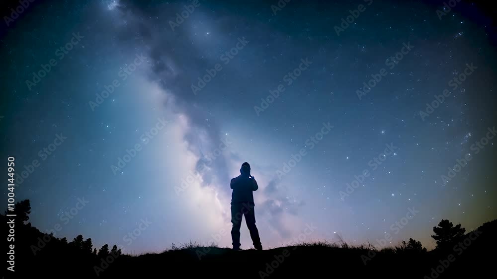 Man's silhouette under a spotlight set against a backdrop of twinkling stars, reflecting themes of introspection and cosmic wonder. Man's silhouette under a spotlight set against a backdrop of twinkling stars, reflecting themes of introspection and cosmic wonder.