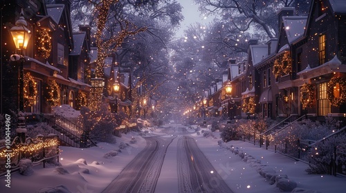 Charming snow-covered street adorned with festive lights in a quaint neighborhood during winter evenings. Generative AI