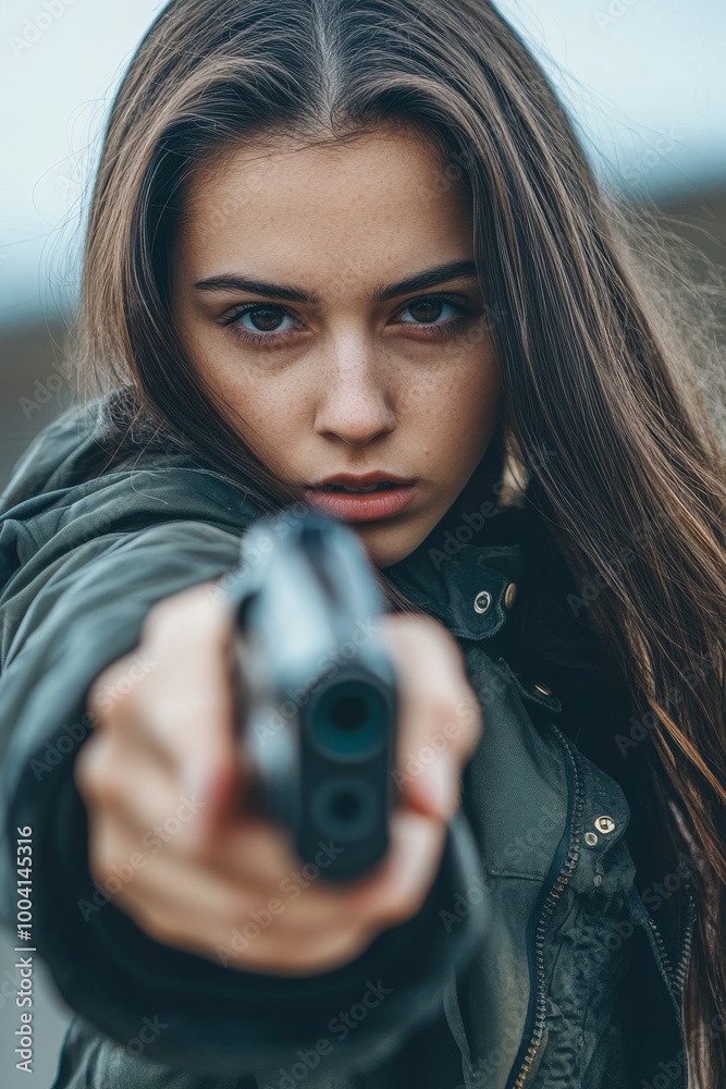 A striking portrait of a supermodel confidently handling a firearm, showcasing strength, precision, and elegance in a professional photograph A striking portrait of a supermodel confidently handling a firearm, showcasing strength, precision, and elegance in a professional photograph