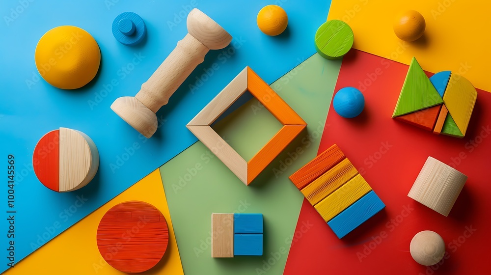 Wooden toys to learn and play with shapes and color isolated on colorful background Wooden toys to learn and play with shapes and color isolated on colorful background