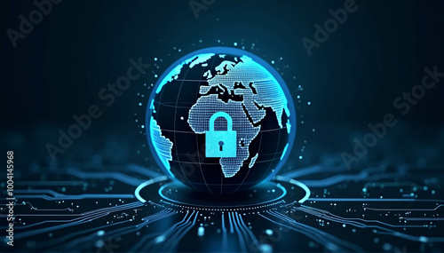 Globe or digital planet earth on a dark background with a digital padlock over a circuit board. notion of digital defense and worldwide cybersecurity.
