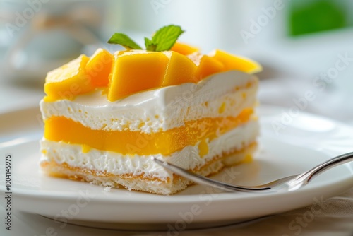 Mango mousse cake slice with cream