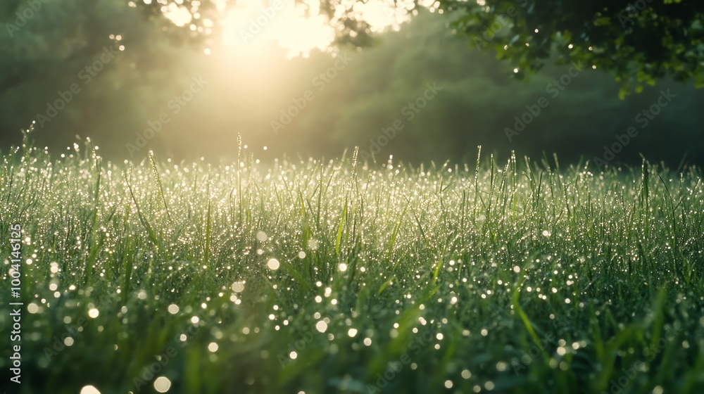 Fototapeta premium Sunrise over a dew-covered field with sunlight filtering through the trees, creating a serene and tranquil morning scene.