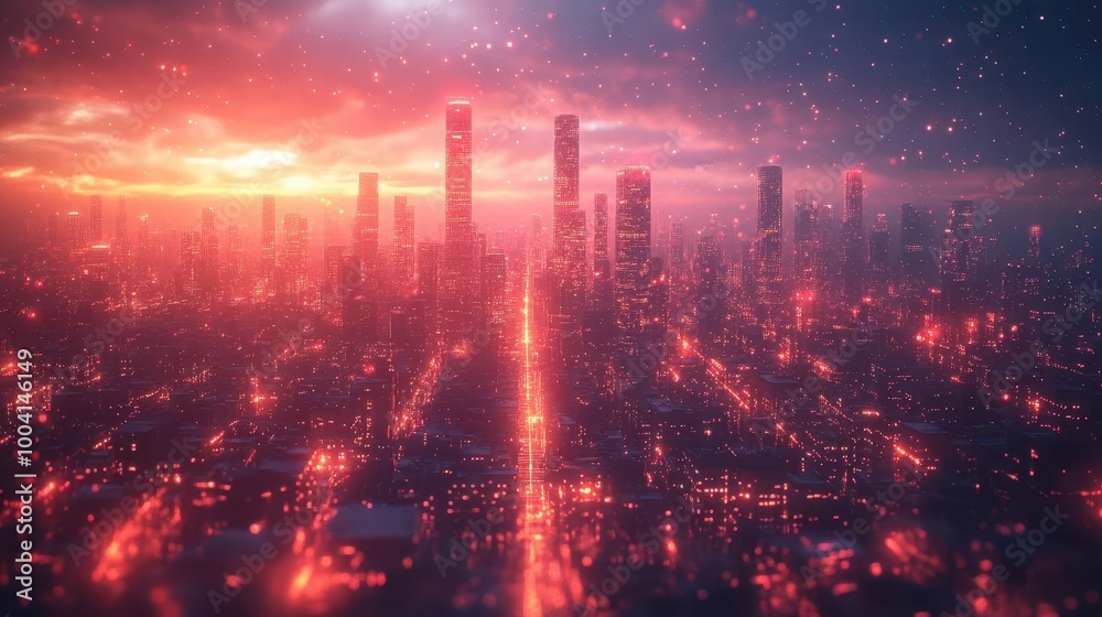 Fototapeta premium cybernetic cityscape with glowing energy grids and data streams flowing through skyscrapers sleek minimalist aesthetic with neon accents