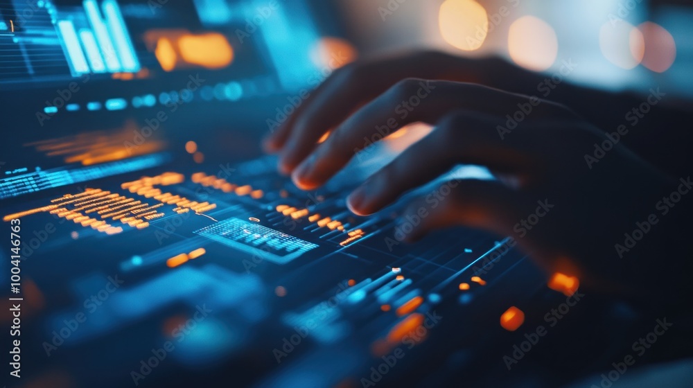 Obraz premium A close-up of hands typing on a digital interface with glowing data visualizations.