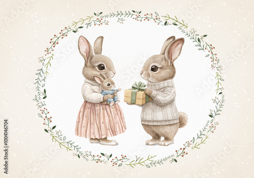 Watercolor vintage composition card with family of rabbits animals in clothes in Christmas wreath around beige snow background. Hand drawn illustration sketch