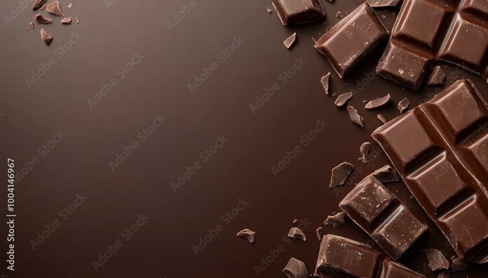 Dark Chocolate Bar with Broken Pieces on Brown Background