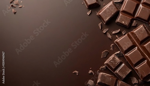 Obraz na płótnie Dark Chocolate Bar with Broken Pieces on Brown Background w salonie