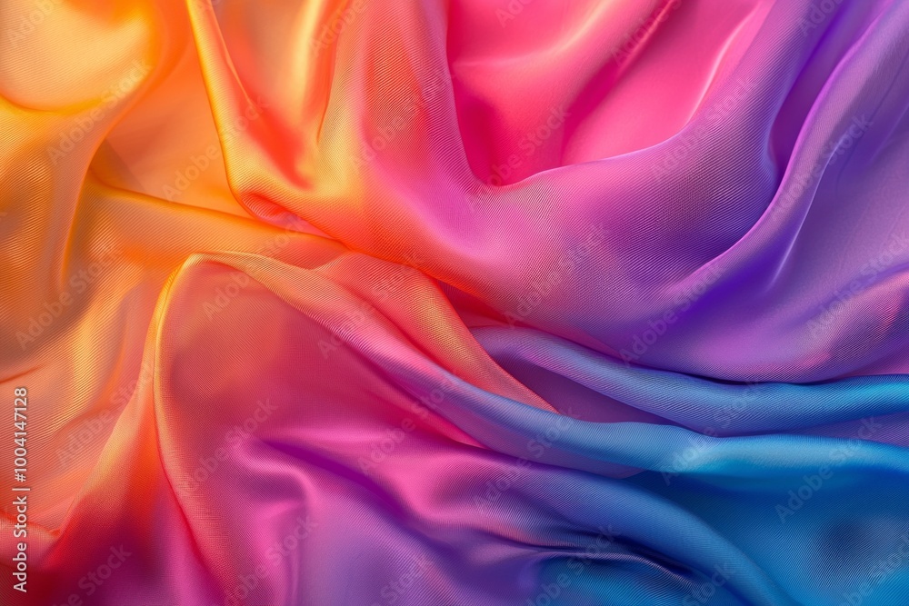 A luxurious silk fabric in vibrant colors, draped in folds with light hitting it at different angles, capturing the softness and sheen of the material. 
