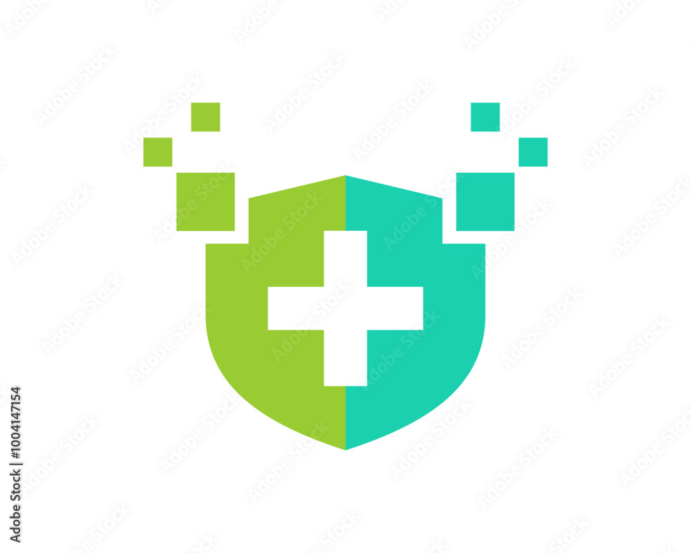 Fototapeta premium Medical cross inside the shield and pixel vector logo