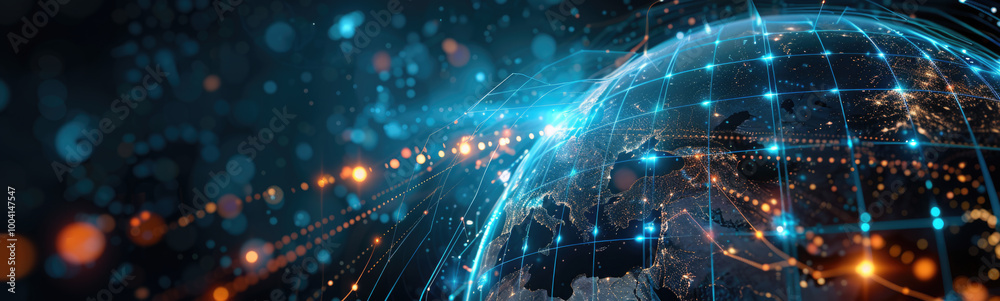 Obraz premium Futuristic Global Sphere Depicting the Interconnection of Digital Data, Technology, and Communication Networks Worldwide