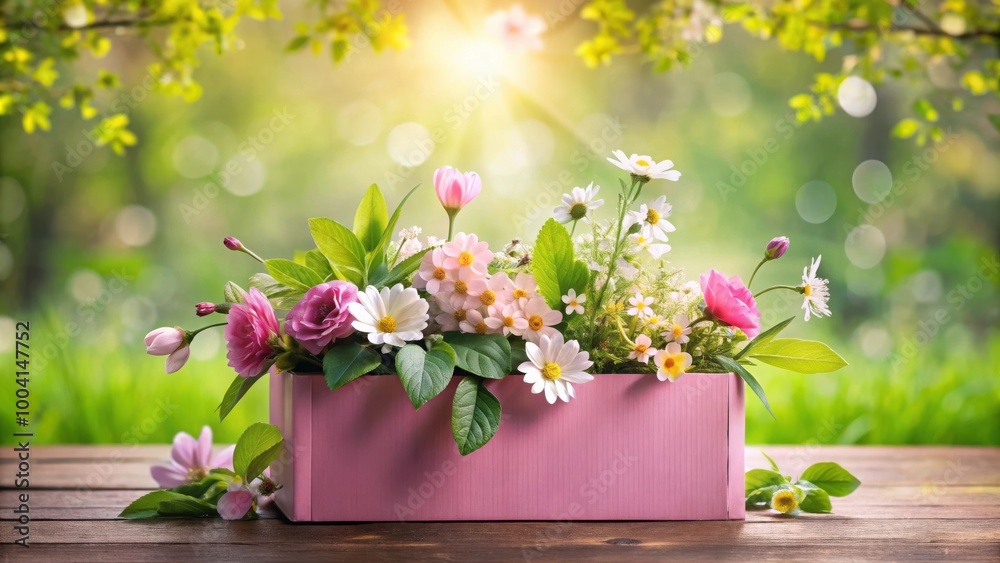 Spring flowers and leaves emerging from a pink box on a nature background Spring flowers and leaves emerging from a pink box on a nature background