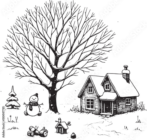 A hand-drawn scene of a small, snowy house and a leafless tree with two toys—a stuffed rabbit and a toy truck—lying partially covered in snow, all against a white background.