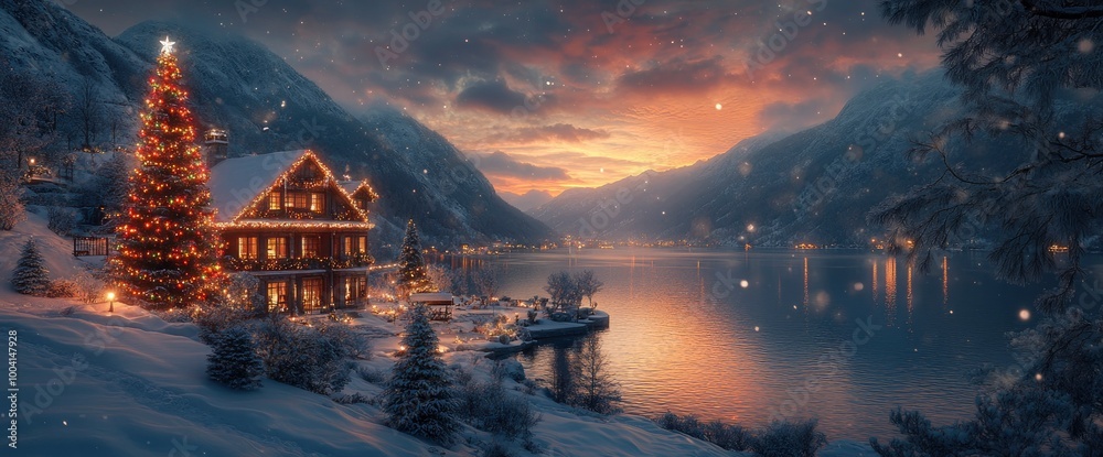 Fototapeta premium Christmas Cottage by the Lake