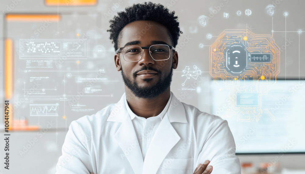 Confident scientist posing with arms crossed near futuristic holographic interface Confident scientist posing with arms crossed near futuristic holographic interface