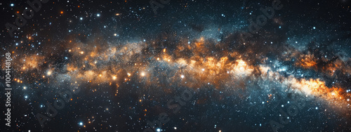 View of galaxies and the universe, revealing the infinite wonders glowing stars horizontal view