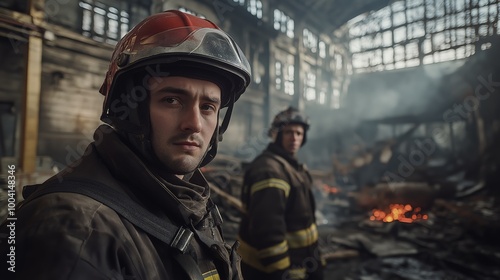 a firefighter wearing a helmet, with another fireman behind him at the scene inside a factory building that has been completely destroyed.