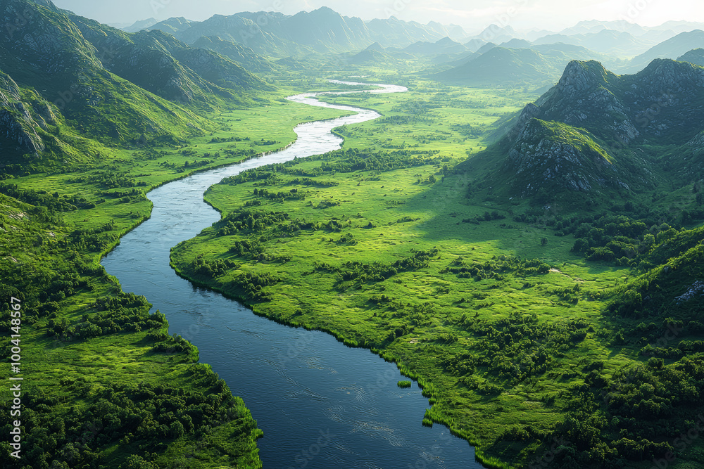 A stunning aerial view of a winding river cutting through a lush, green valley, showcasing the beauty of natural formations and landscapes. A stunning aerial view of a winding river cutting through a lush, green valley, showcasing the beauty of natural formations and landscapes.