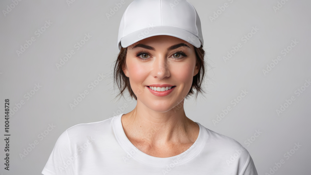 Woman with short hair wearing white t-shirt and white baseball cap isolated on grey background