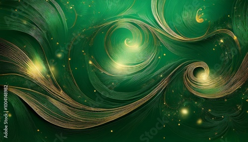 Christmas Background: A rich emerald green backdrop with swirling gold accents and twinkling lights.