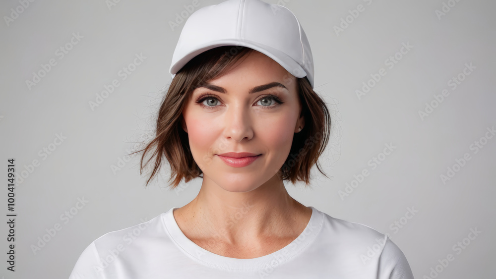 Woman with short hair wearing white t-shirt and white baseball cap isolated on grey background Woman with short hair wearing white t-shirt and white baseball cap isolated on grey background