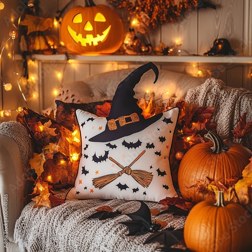 Cozy Halloween decor with pumpkins and pillows photo