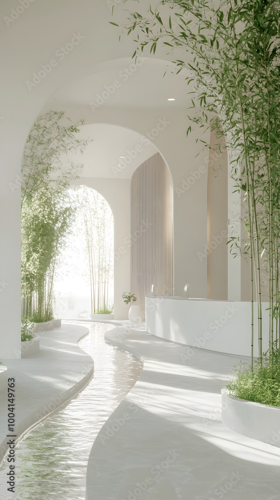 Fototapeta premium Design an interior space with white walls, green plants, and bamboo.
