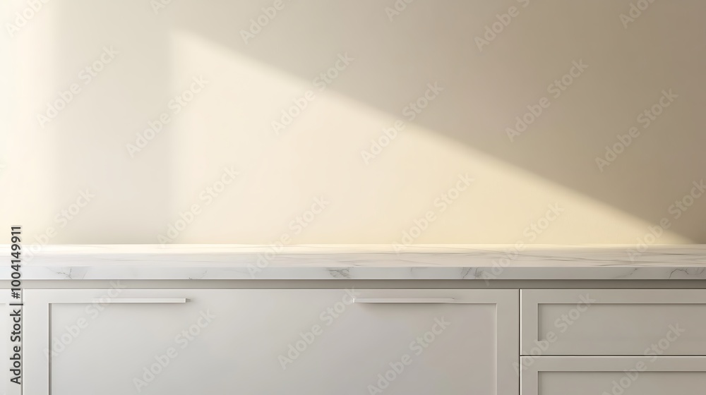 White kitchen tabletop for product presentation. Empty marble countertop. Minimalistic mockup for restaurant or beauty ad design. White kitchen tabletop for product presentation. Empty marble countertop. Minimalistic mockup for restaurant or beauty ad design.