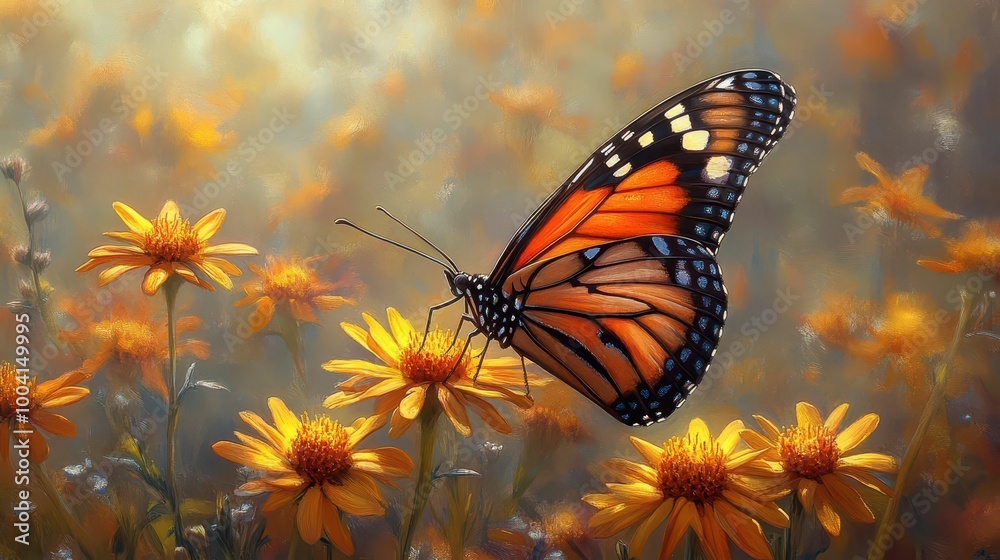 Fototapeta premium delicate butterfly resting on a radiant yellow blossom capturing the essence of natures beauty in vivid colors and intricate details with soft sunlight filtering through
