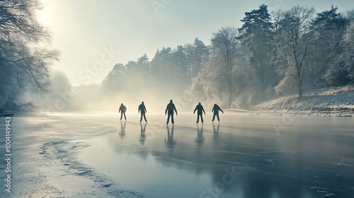 People skating on a frozen lake surrounded by a frosty forest, creating a serene winter landscape under soft morning light.