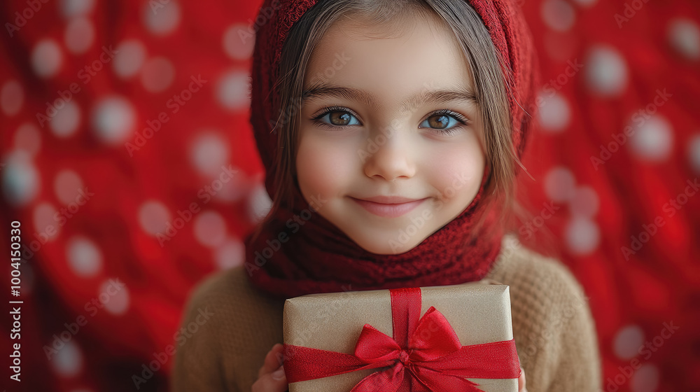 little smiling muslim girl in elegant hijab holding gift box with bow on red background, new year, hijra day, christmas, birthday, surprise, present, multicultural, diversity, child, kid, children little smiling muslim girl in elegant hijab holding gift box with bow on red background, new year, hijra day, christmas, birthday, surprise, present, multicultural, diversity, child, kid, children