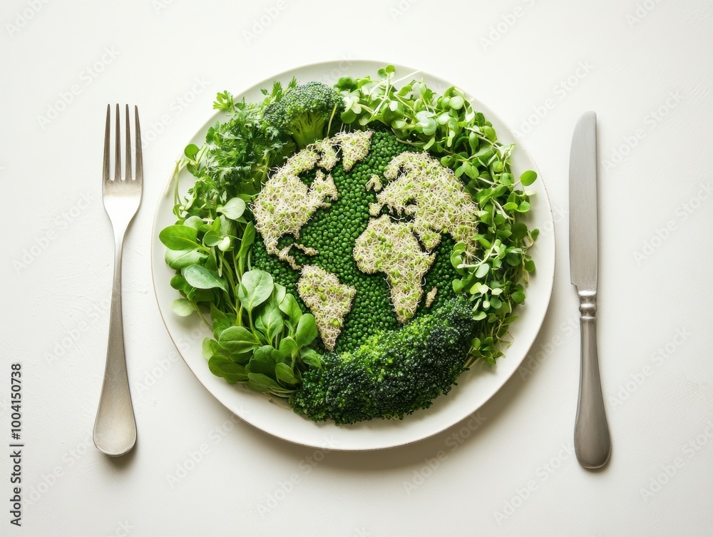 A globe on a plate with a fork and knife on a white background, a World Food Day wallpaper concept, Earth Day and Hunger crisis famine A globe on a plate with a fork and knife on a white background, a World Food Day wallpaper concept, Earth Day and Hunger crisis famine